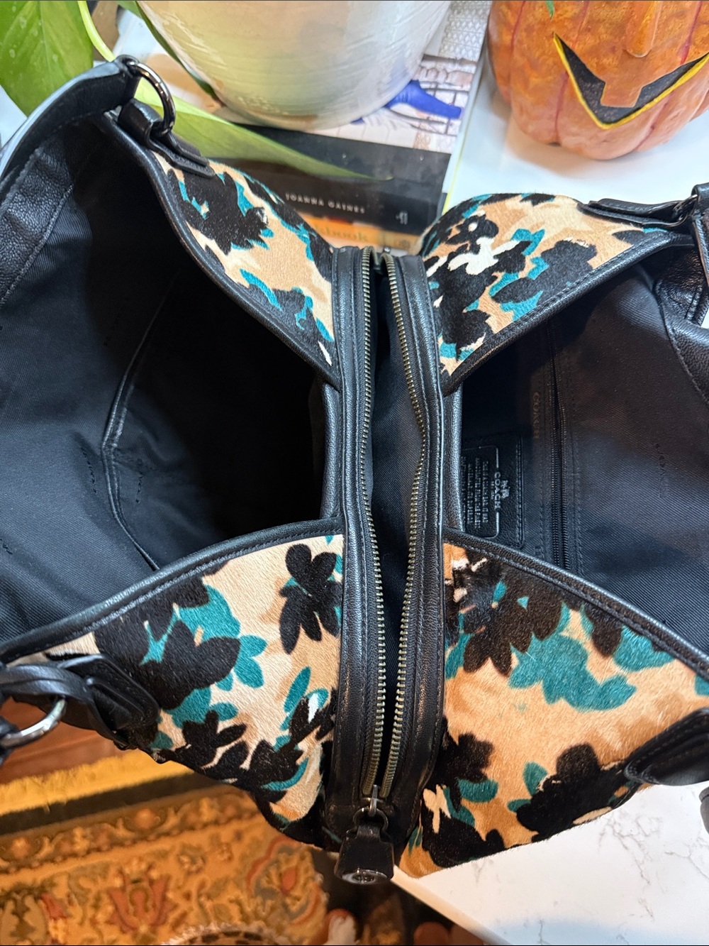 Coach Floral Shoulder Bag in Tan, Black & Teal - Picture 7 of 10
